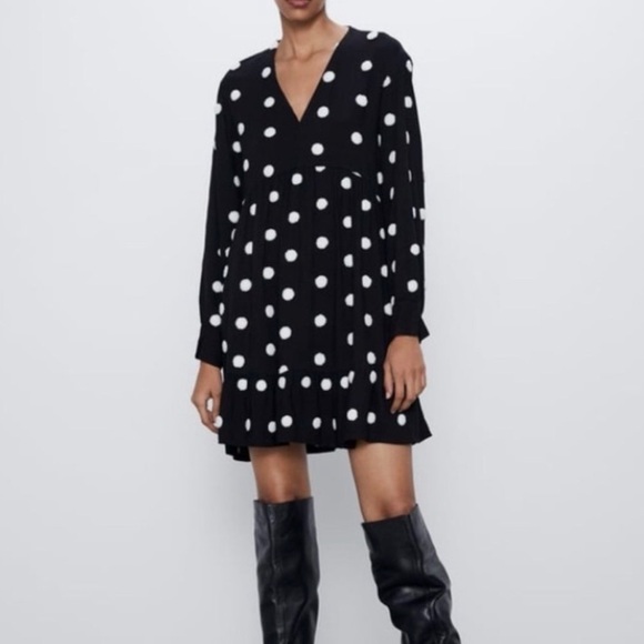 Zara Dresses & Skirts - Zara Black and White Polka Dot Long Sleeve Dress